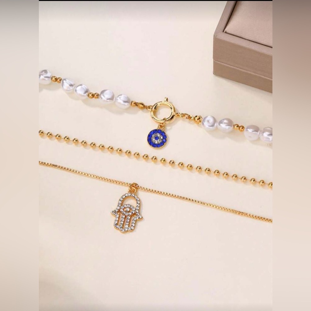 Gold Tone Hamsa Pendant 1pc layered Necklace | Evil Eye Protection Jewelry - Picture 2 of 4